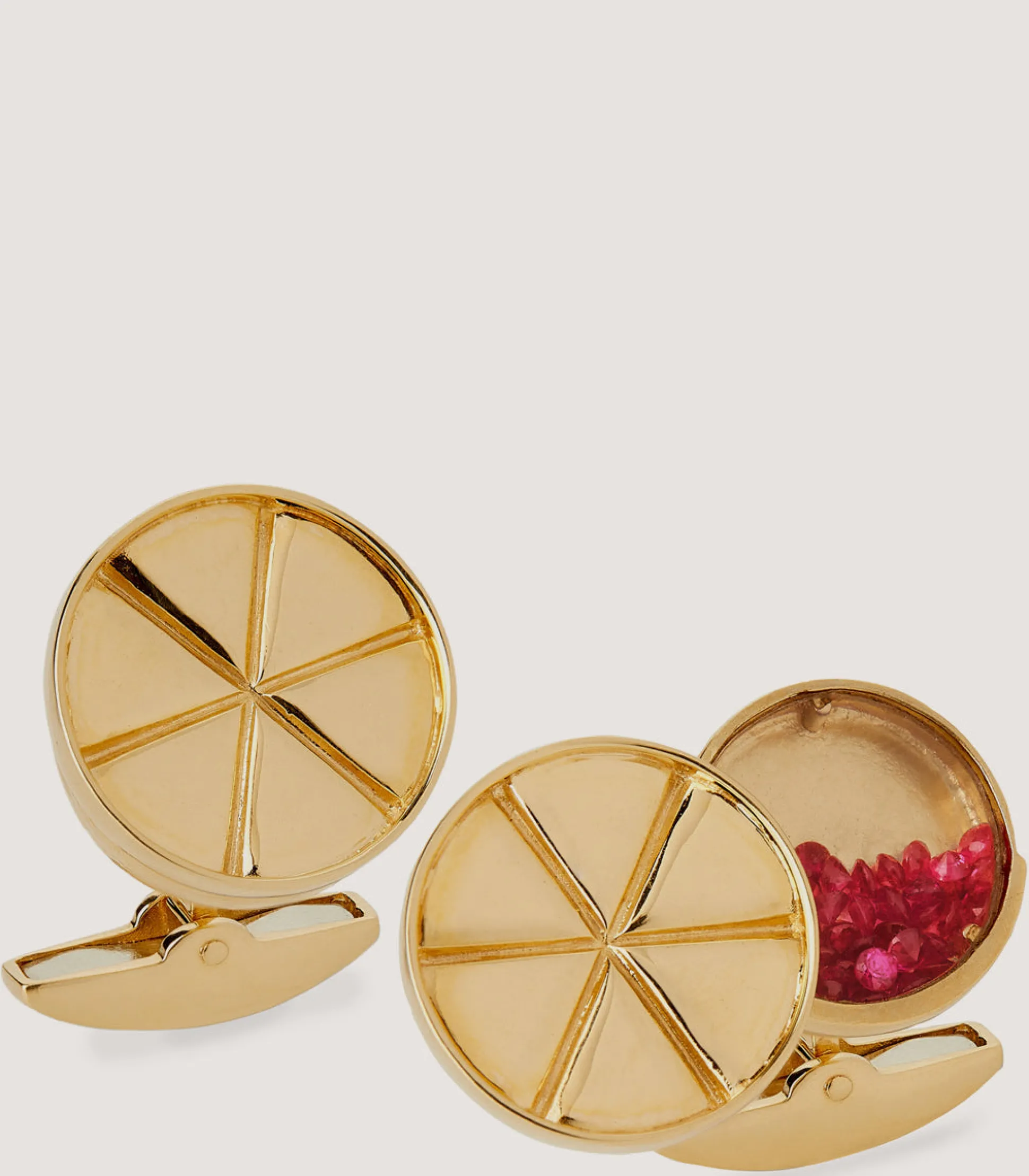 Purdey Gold Opening Crimp Cufflinks With Ruby Shot In Gold