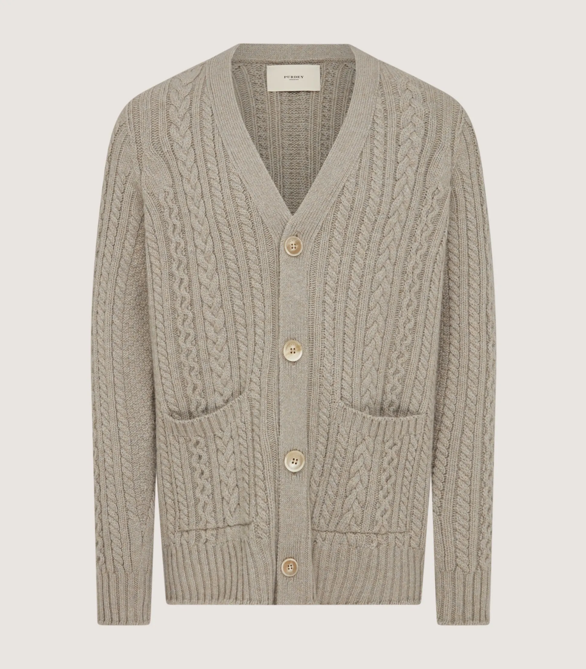 Purdey Men's Cashmere Cable And Rib V Neck Cardigan In Drab
