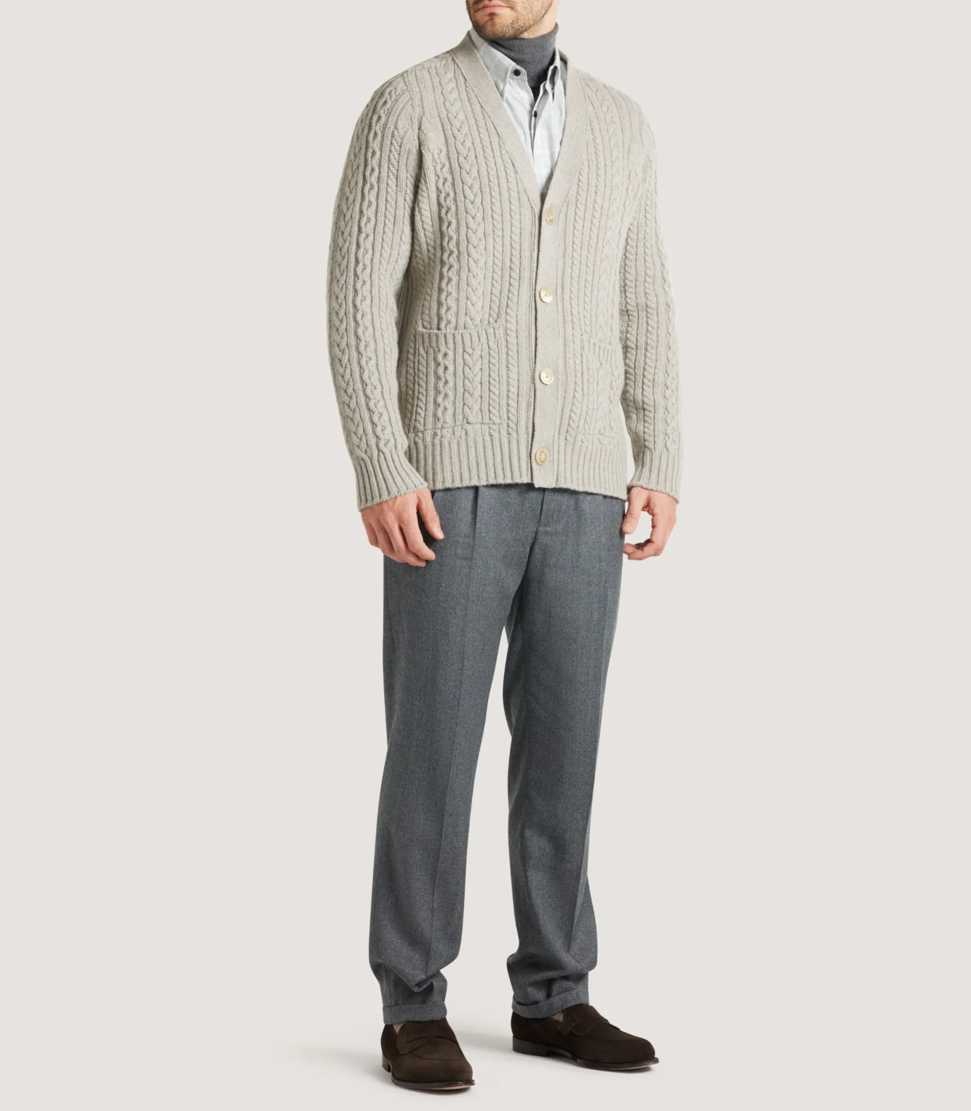Purdey Men's Cashmere Cable And Rib V Neck Cardigan In Drab