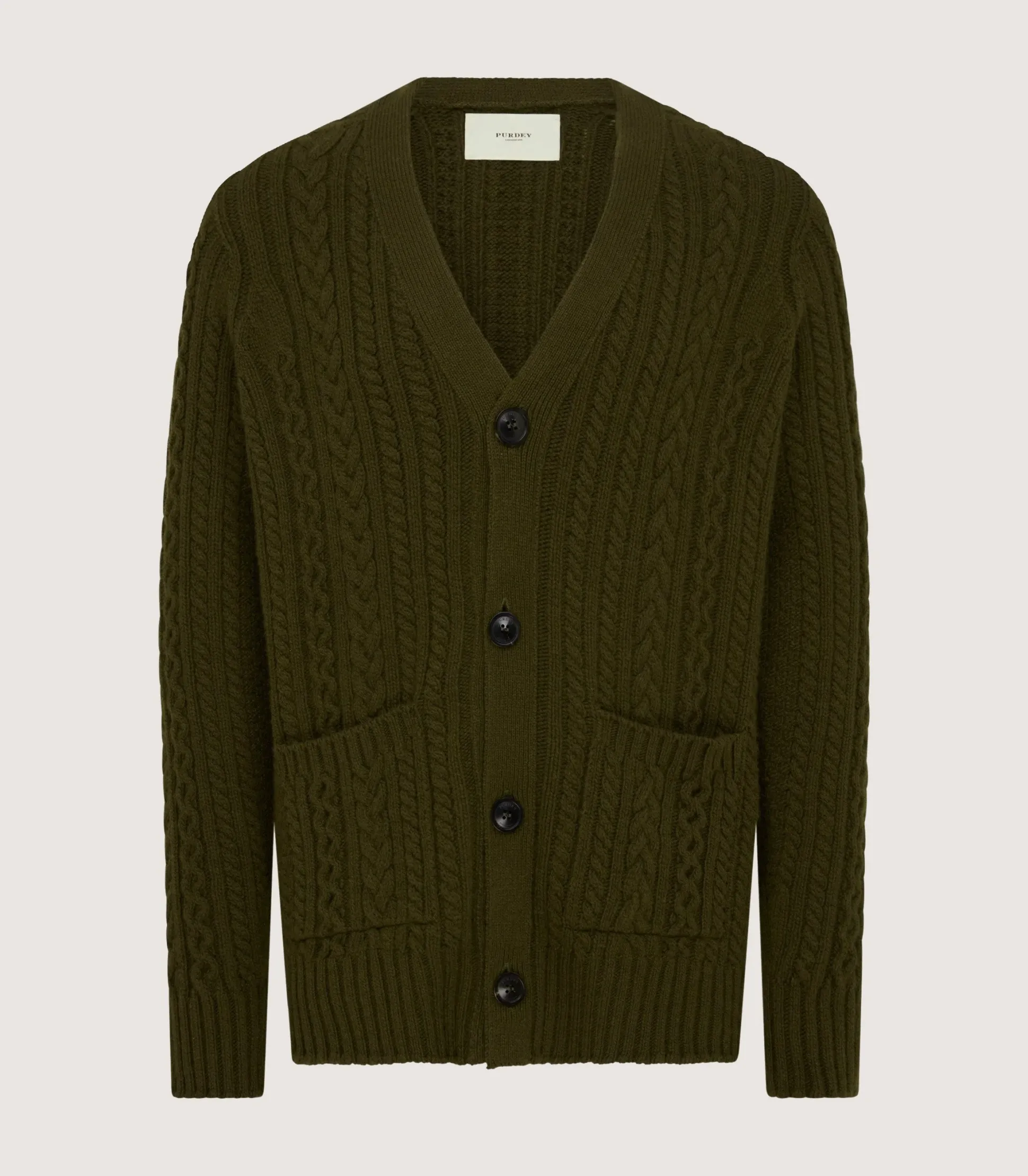 Purdey Men's Cashmere Cable And Rib V Neck Cardigan In Military