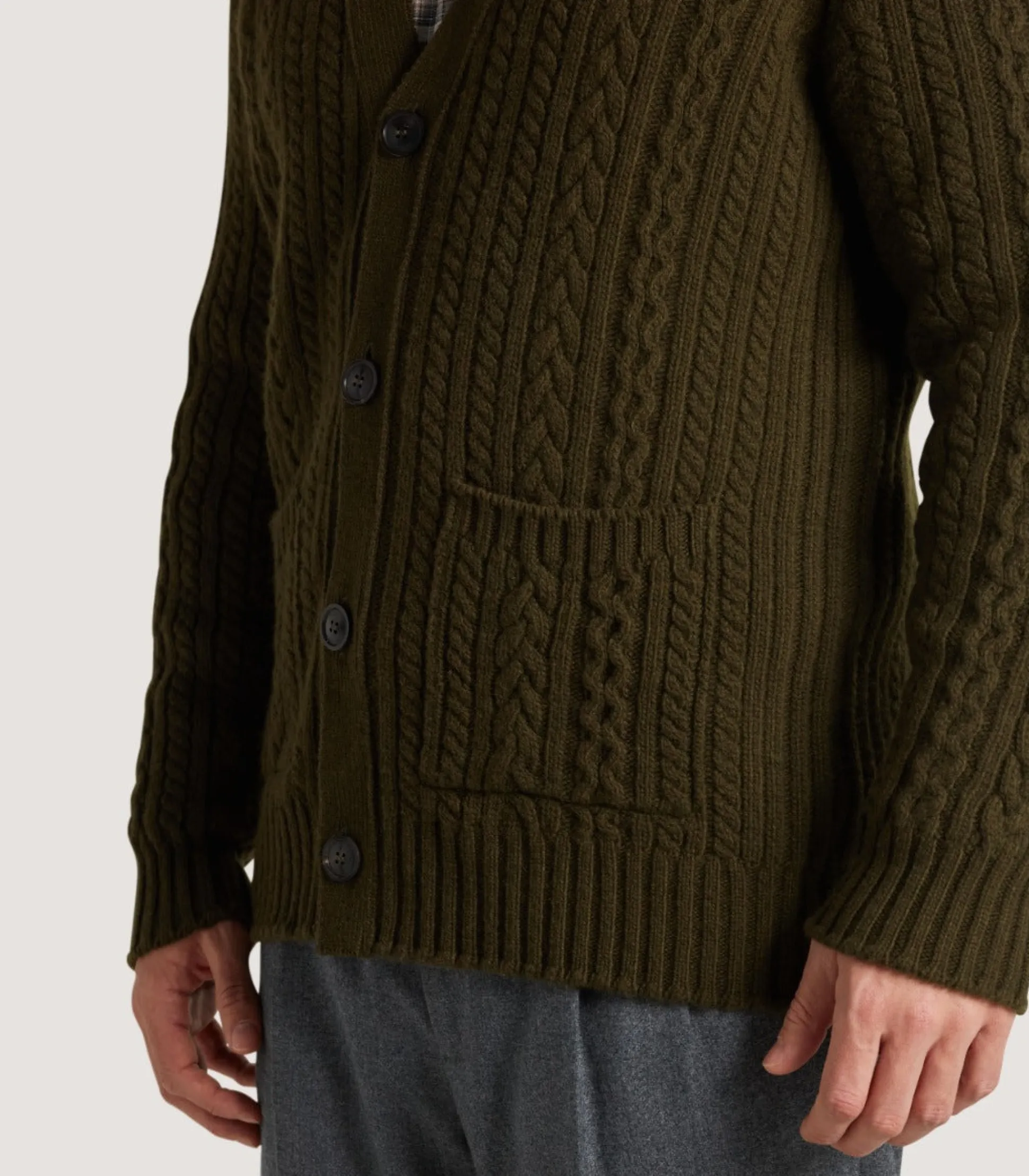Purdey Men's Cashmere Cable And Rib V Neck Cardigan In Military