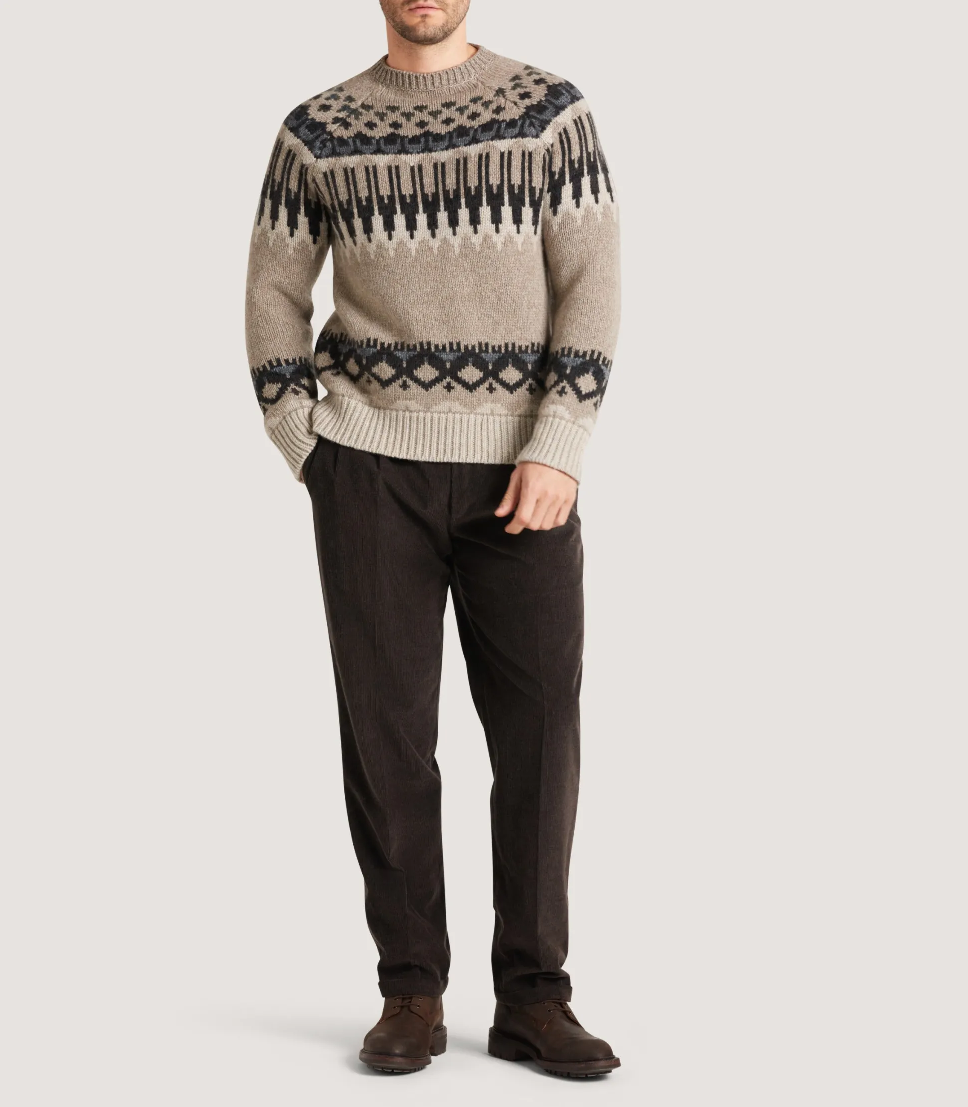 Purdey Men's Cashmere Fairisle Falcon Crew Neck Sweater