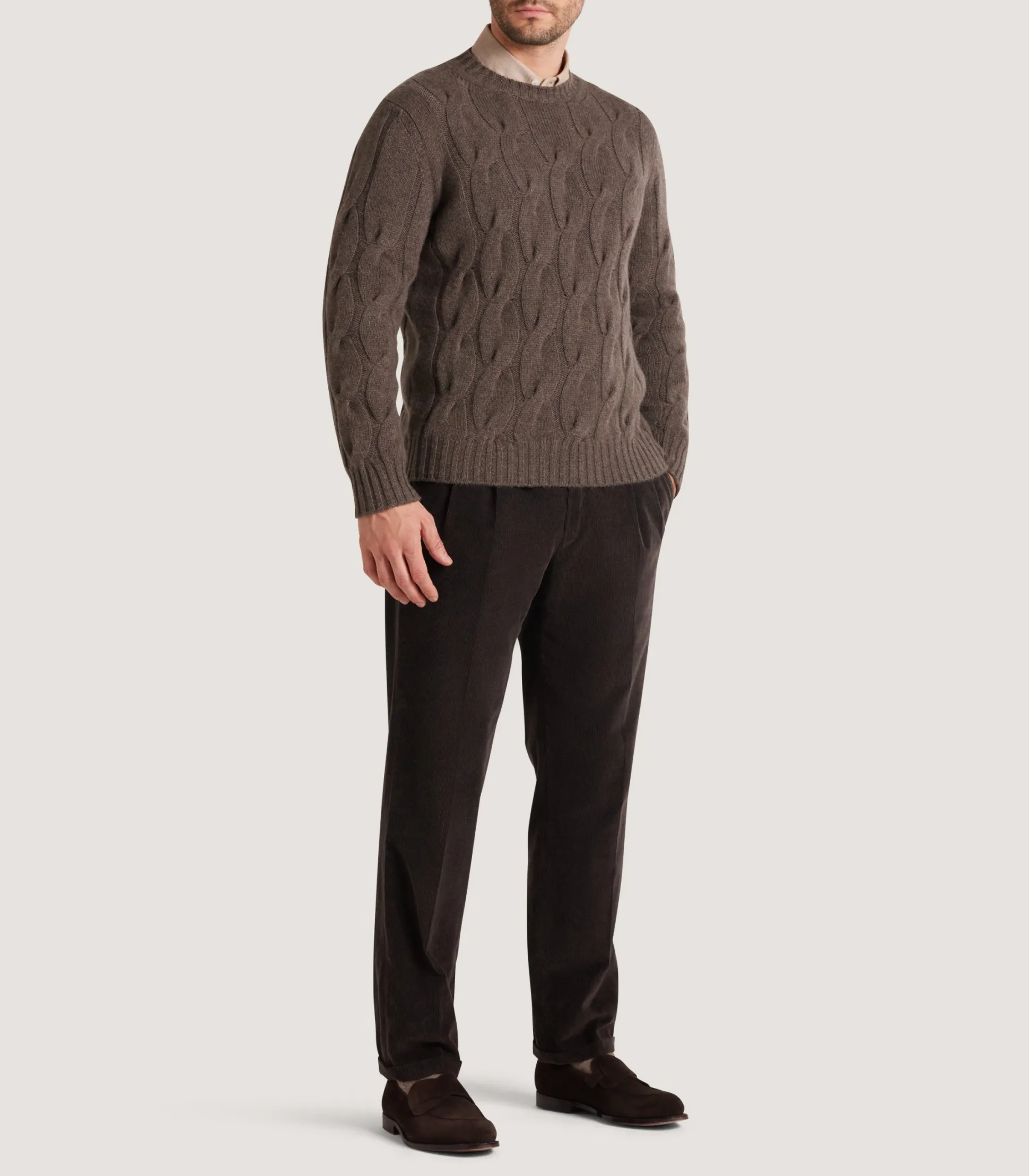 Purdey Men's Cashmere Loch Cable Crew Neck Sweater In Dark Taupe