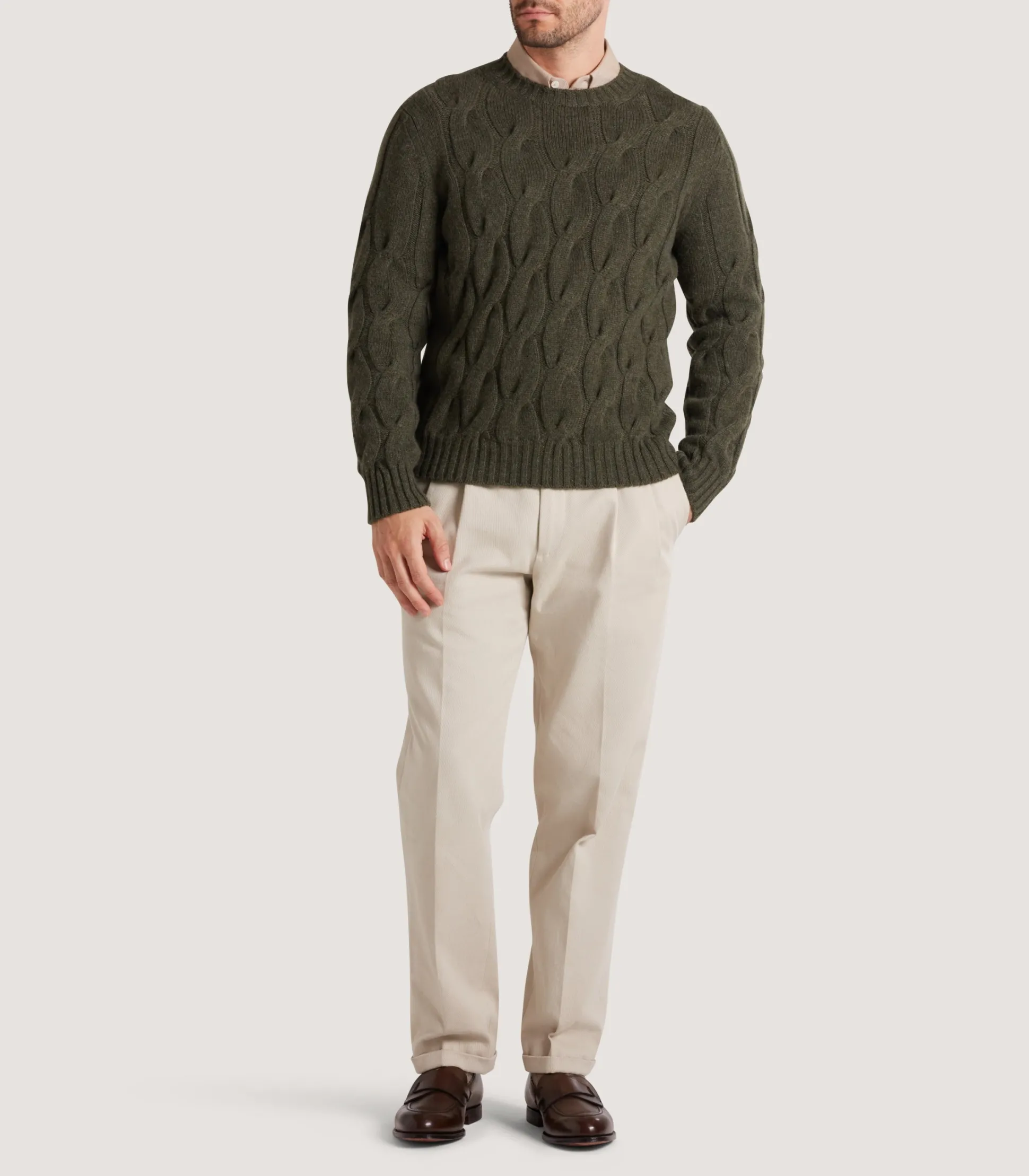 Purdey Men's Cashmere Loch Cable Crew Neck Sweater In Loden