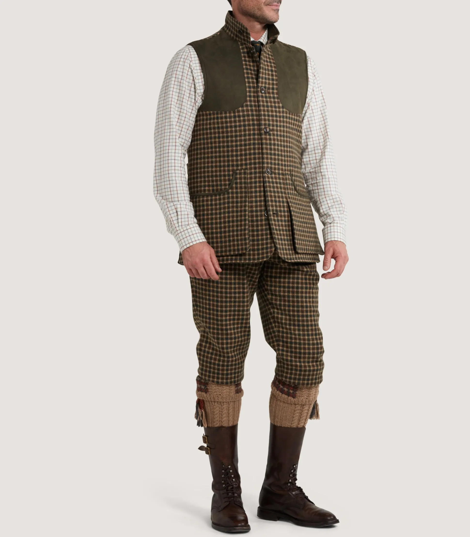 Purdey Men's Cashmere Tweed High Collar Sporting Vest in Langshaw