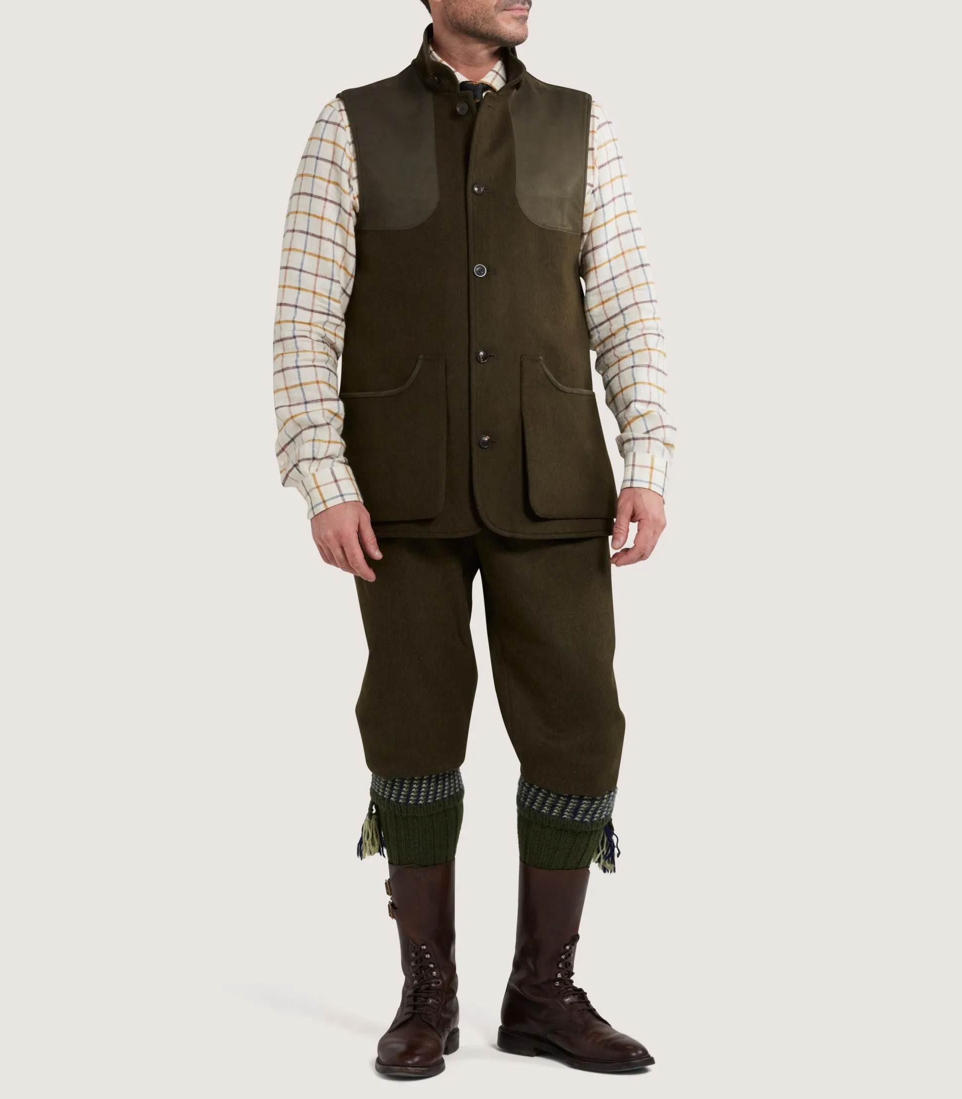 Purdey Men's Loden High Collar Sporting Vest in Loden