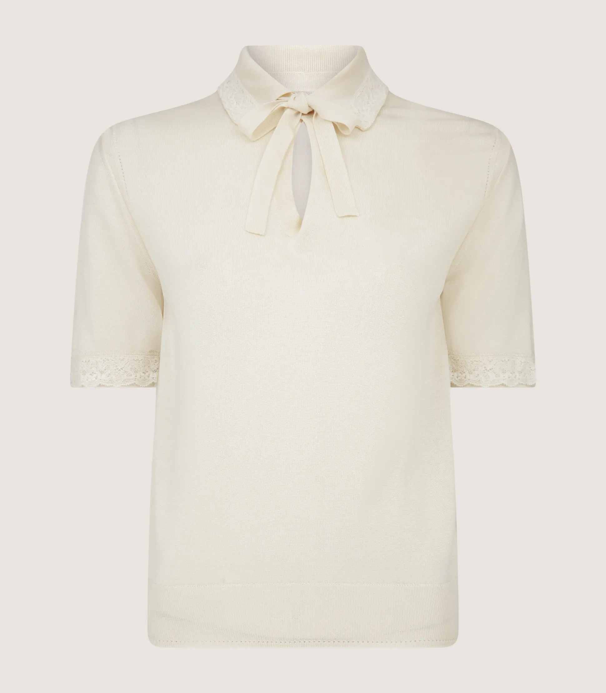 Women Purdey Women's Silk Jersey Polo Shirt with Lace Trim in Ivory
