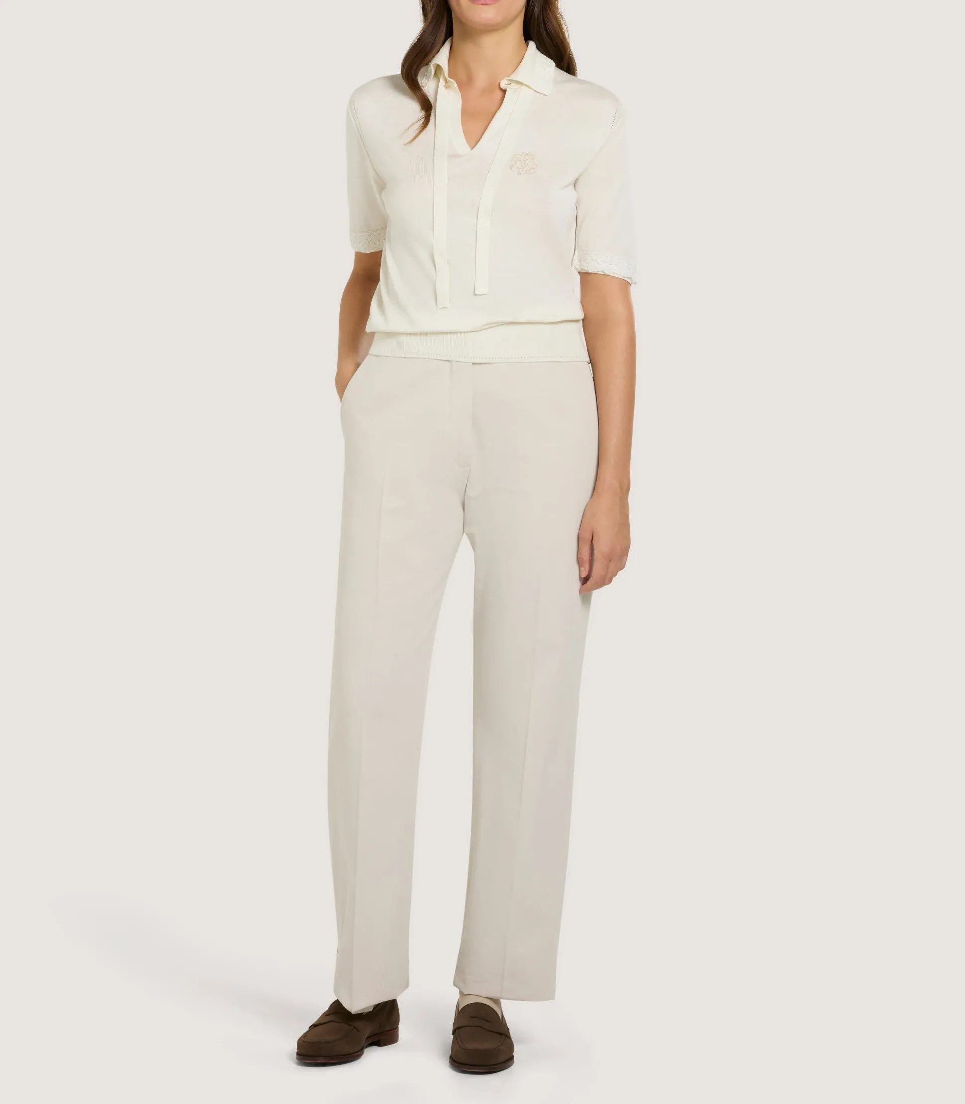 Women Purdey Women's Silk Jersey Polo Shirt with Lace Trim in Ivory